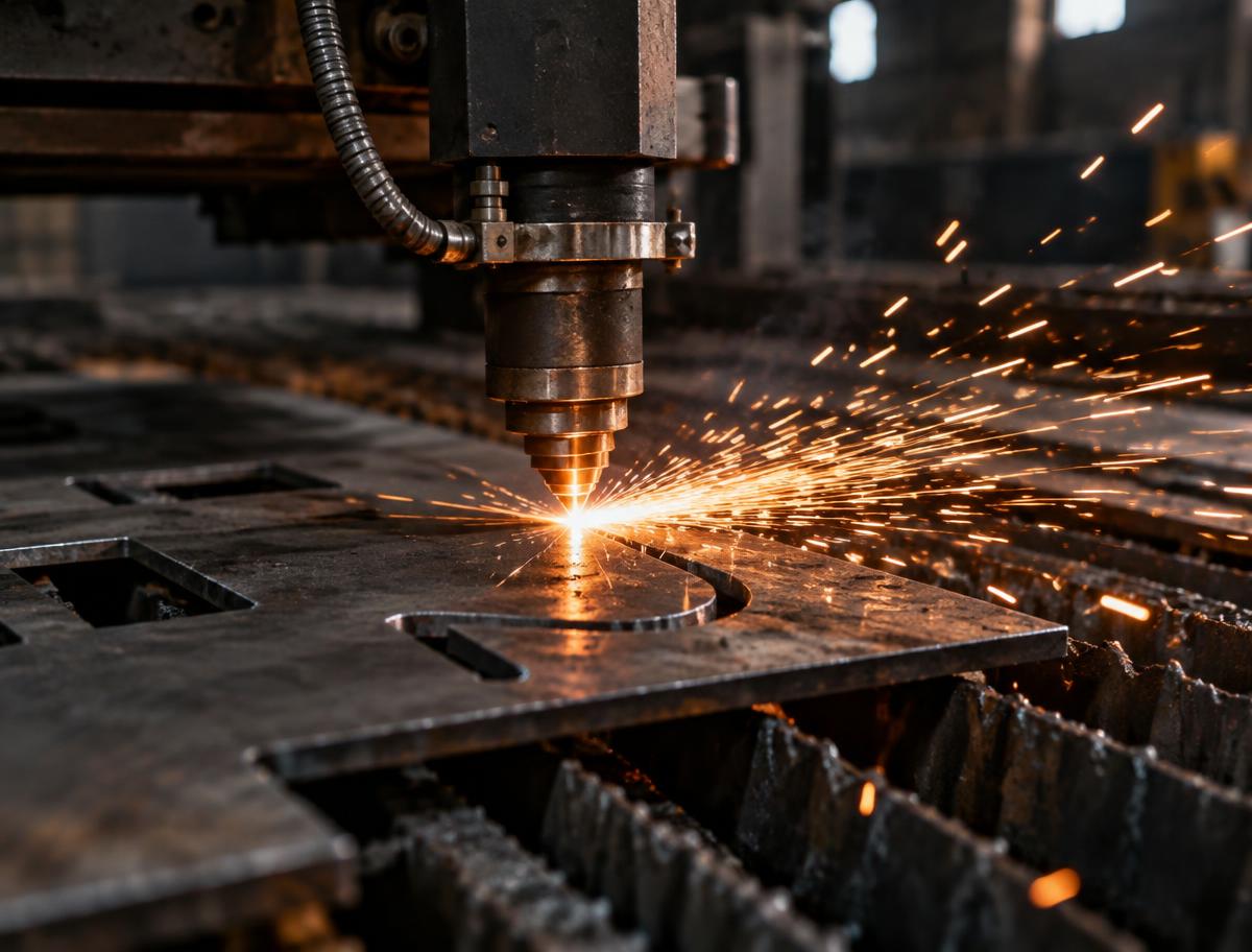 CNC cutting head machining a mild steel plate with sparks