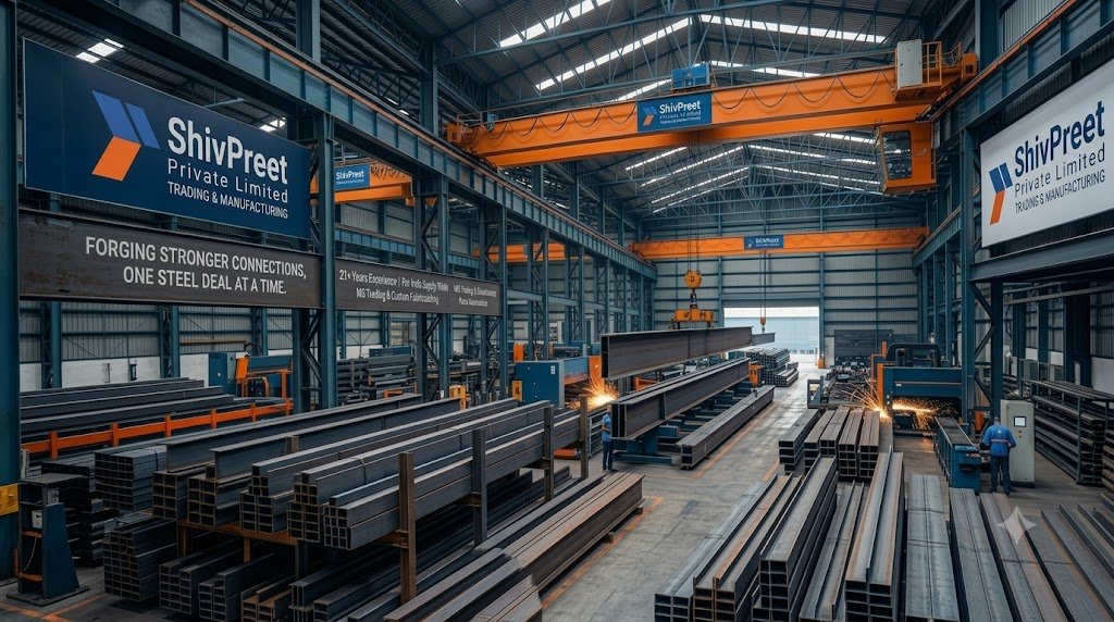 Stacked mild steel structural beams in an industrial fabrication yard